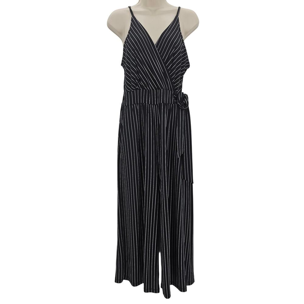Kaileigh Womans size L Rica Cropped Wide Leg Tank Stripe Jumpsuit Black White